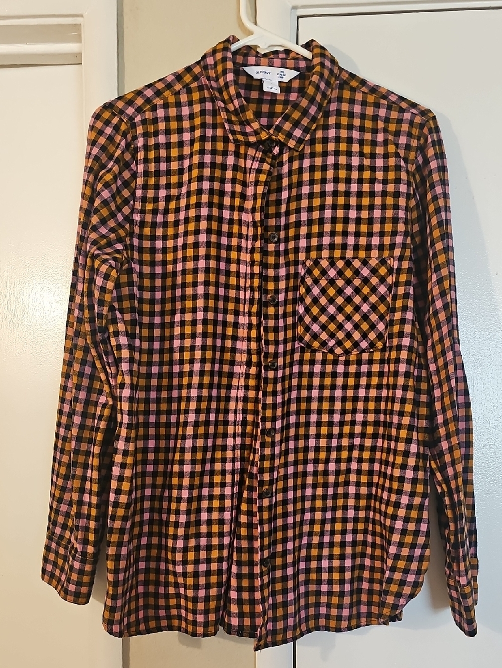 Old Navy Pink, Black & Yellow Plaid Button-Down Shirt